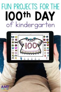 kid hands holding an Ipad with a picture of a 100th day tshirt on it