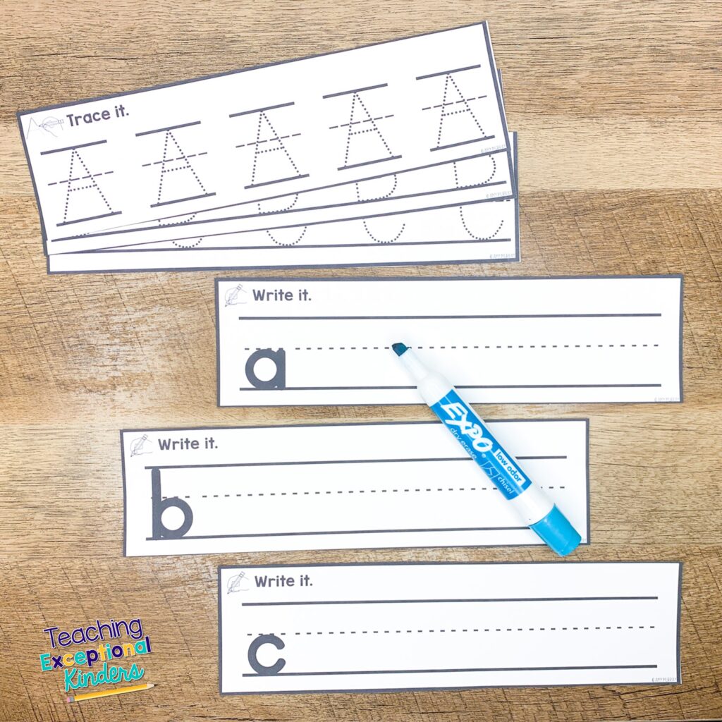 Trace and write letter strips with dry erase marker