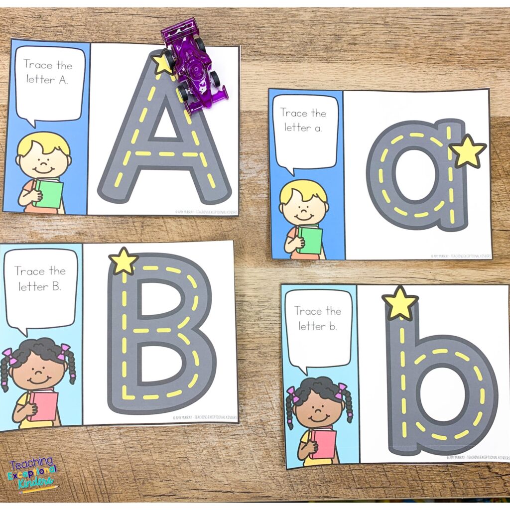Race car letter tracing cards for A, a, B, and b