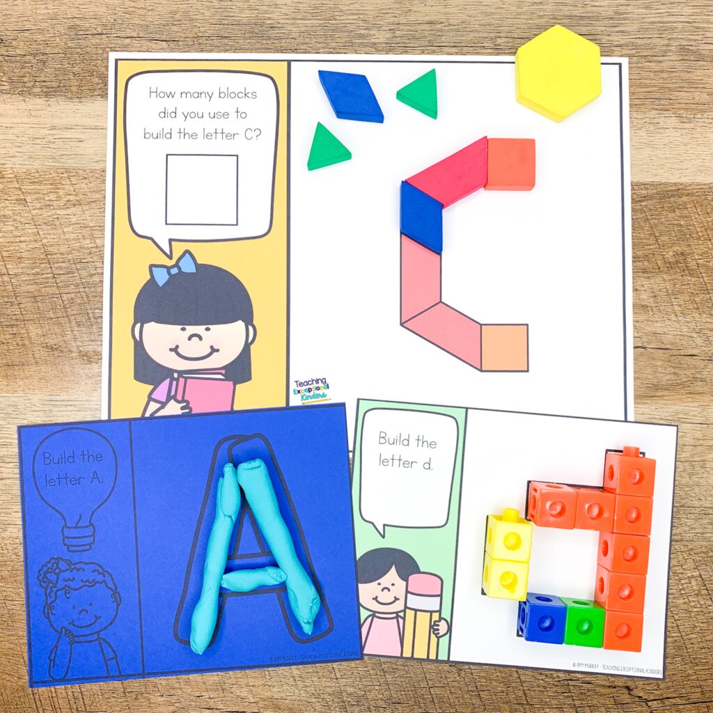 Alphabet letter building mats with pattern blocks, play dough, and connecting cubes