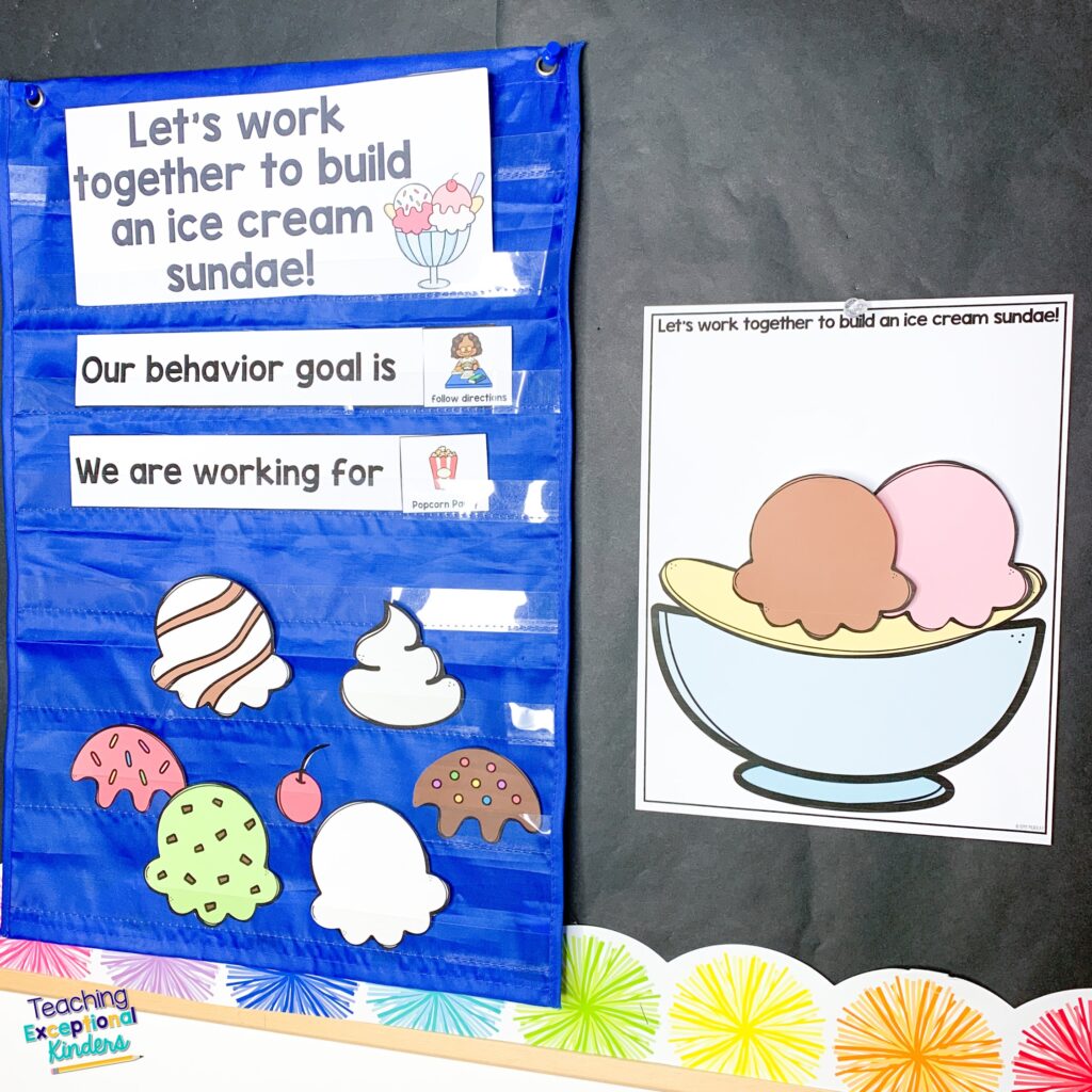 An ice cream build-a-reward in a blue pocket chart