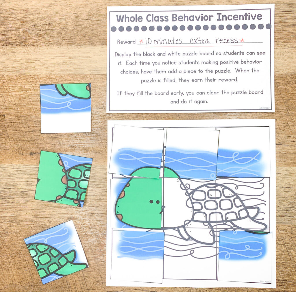 Turtle behavior incentive puzzle with instruction card for substitute teacher.