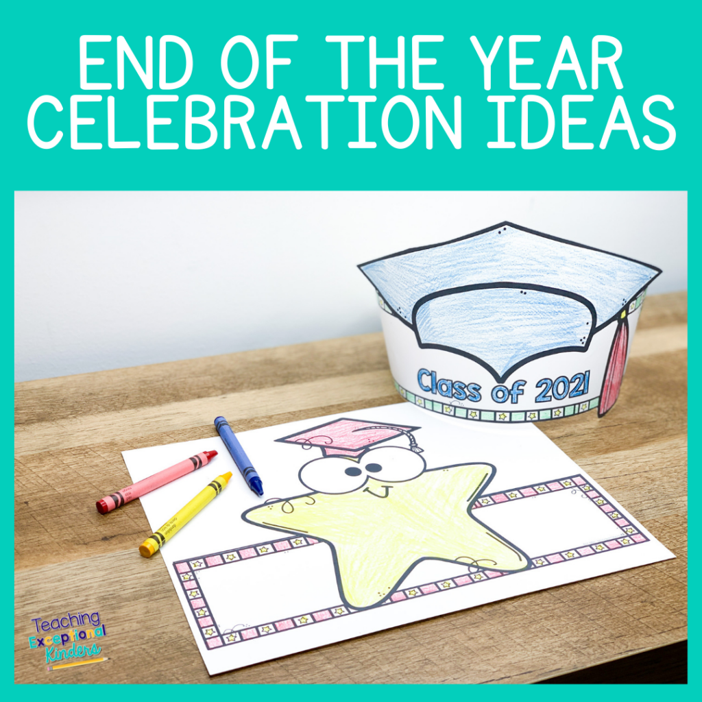 End of the Year Celebration Ideas with a photo of printable graduation hats that have been colored with crayons.