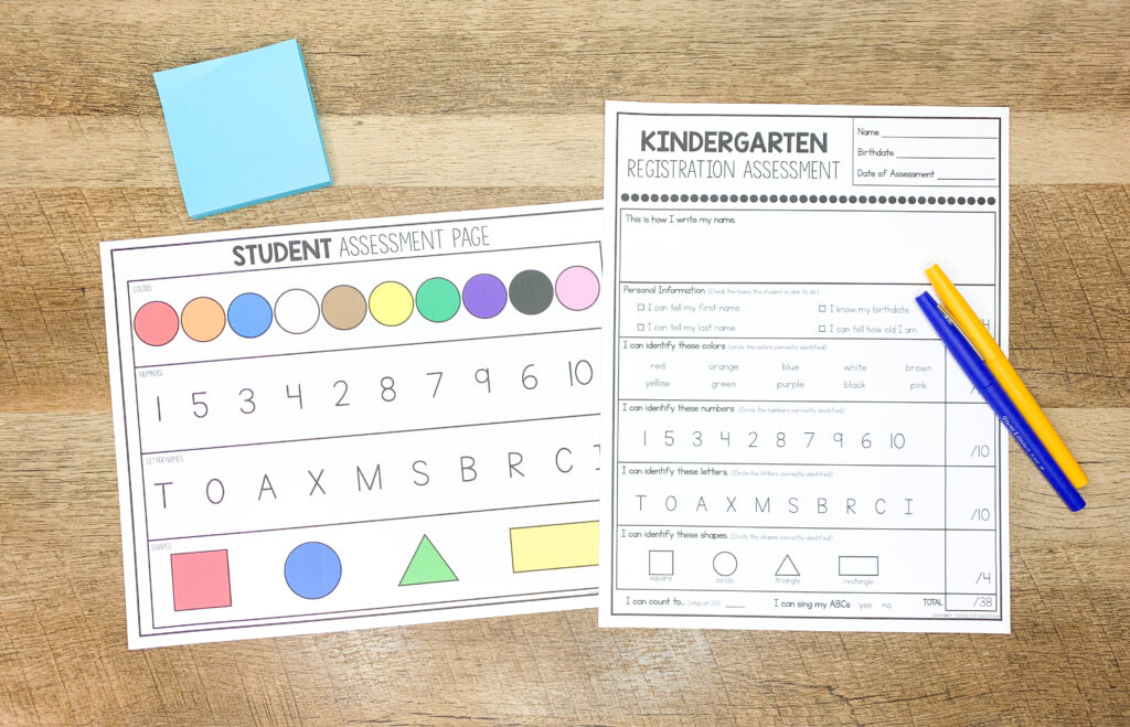 A kindergarten screener recording sheet sits on a table with the corresponding student page and blue sticky notes.