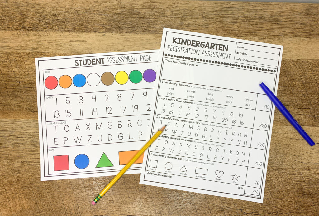 A kindergarten readiness assessment recording page sits next to a student assessment page with a pencil.