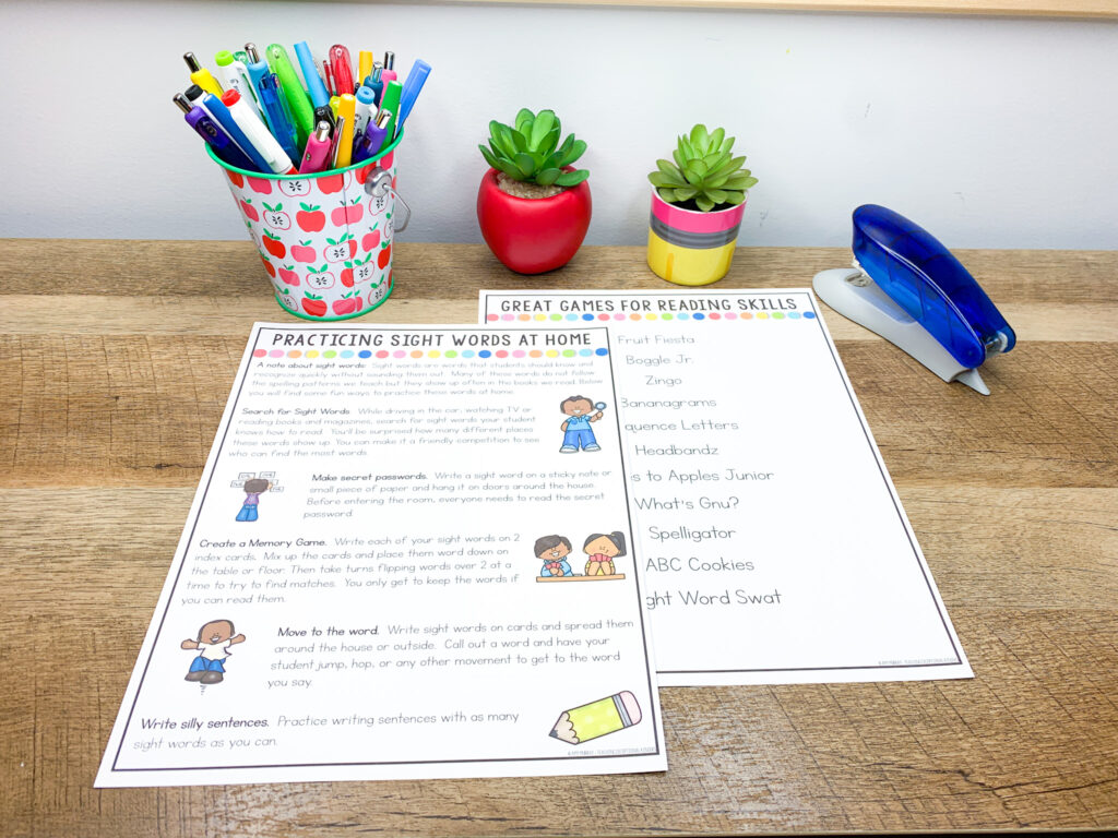 Flyers for practicing sight words at home and great games for reading skills