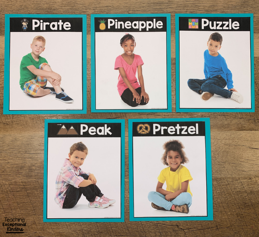 Five small posters with children demonstrated sitting positions