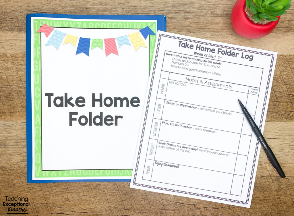 Cover of a kindergarten take home folder and a take home folder log