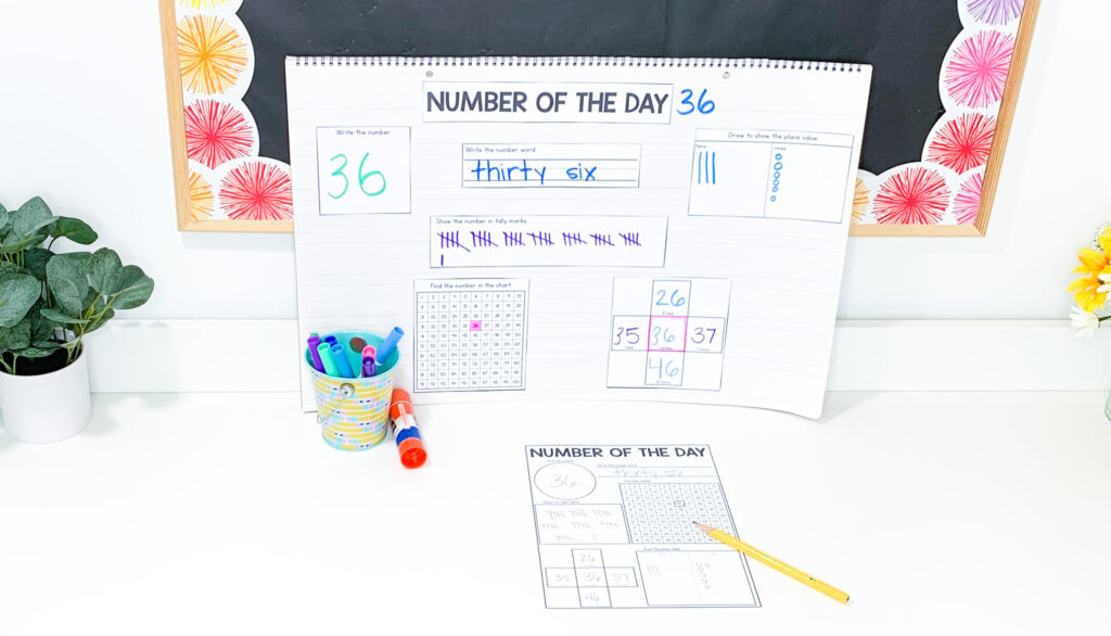 Number of the Day anchor chart for the number 26, along with a worksheet