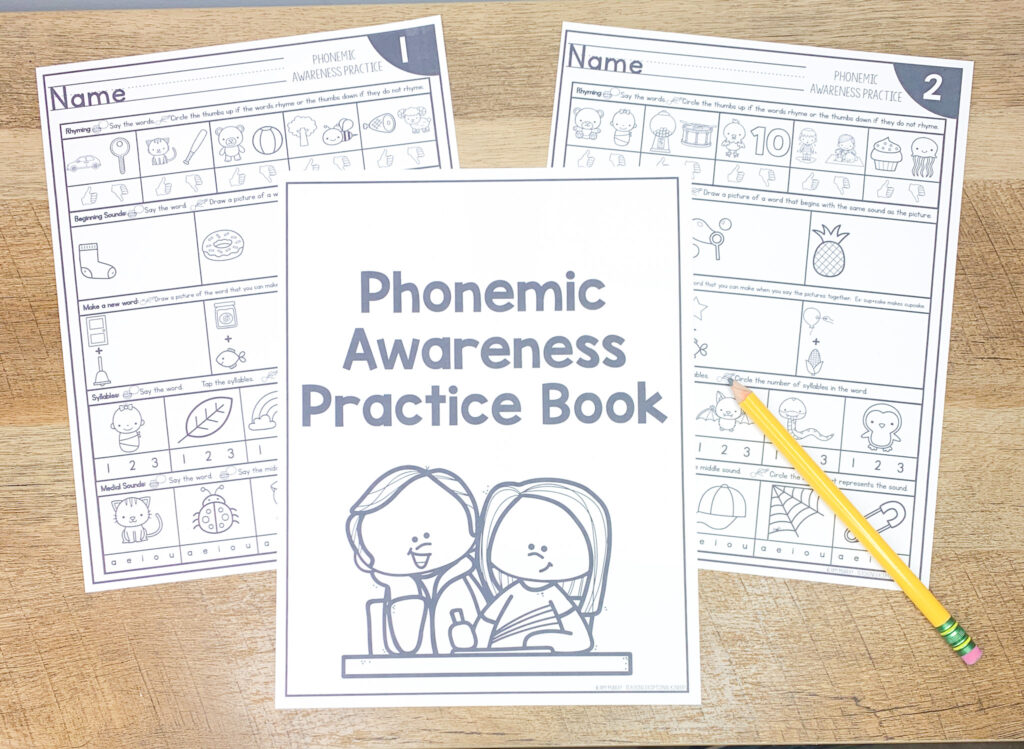 Phonemic awareness practice book cover and two worksheets