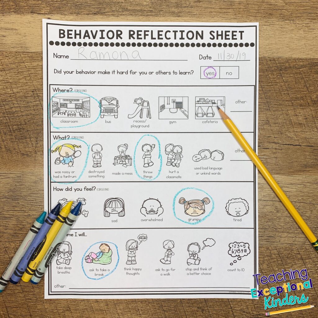 A completed behavior reflection form