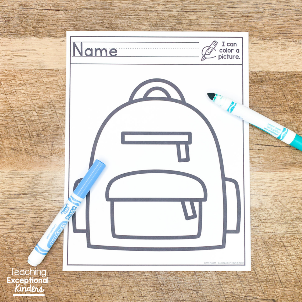 A backpack coloring page with markers