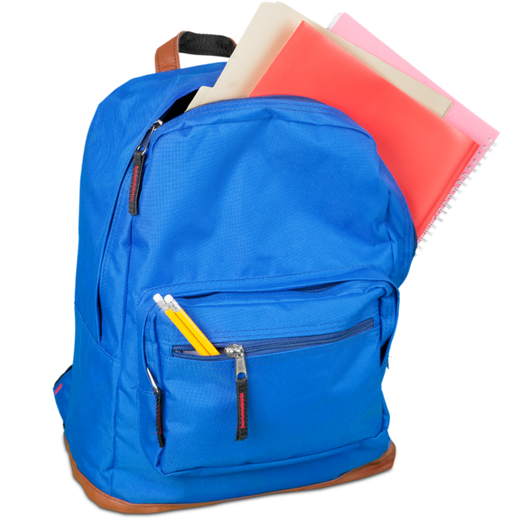 A blue backpack has a red folder sticking out