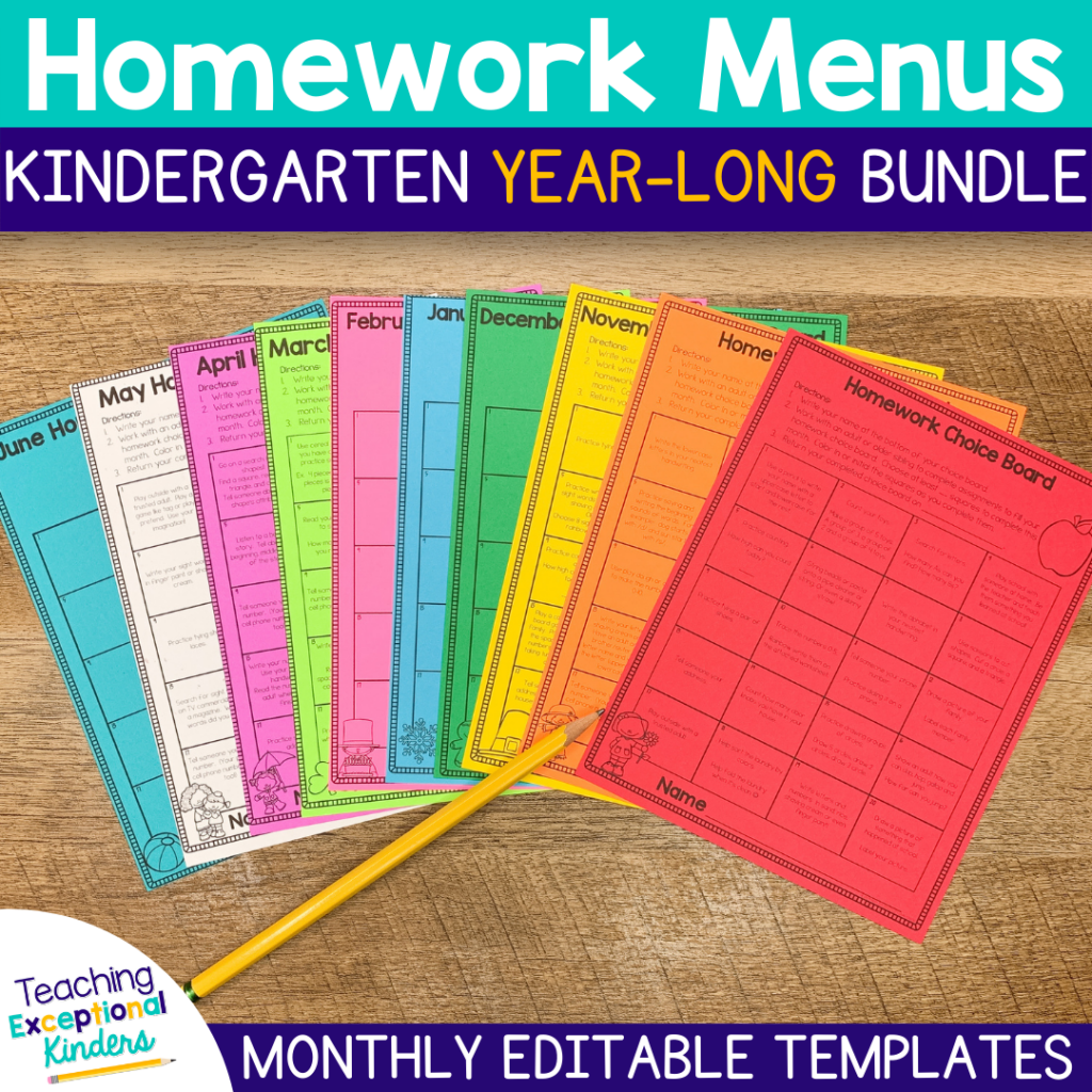 Homework Menus - Kindergarten Year-Long Bundle - Monthly Editable Templates