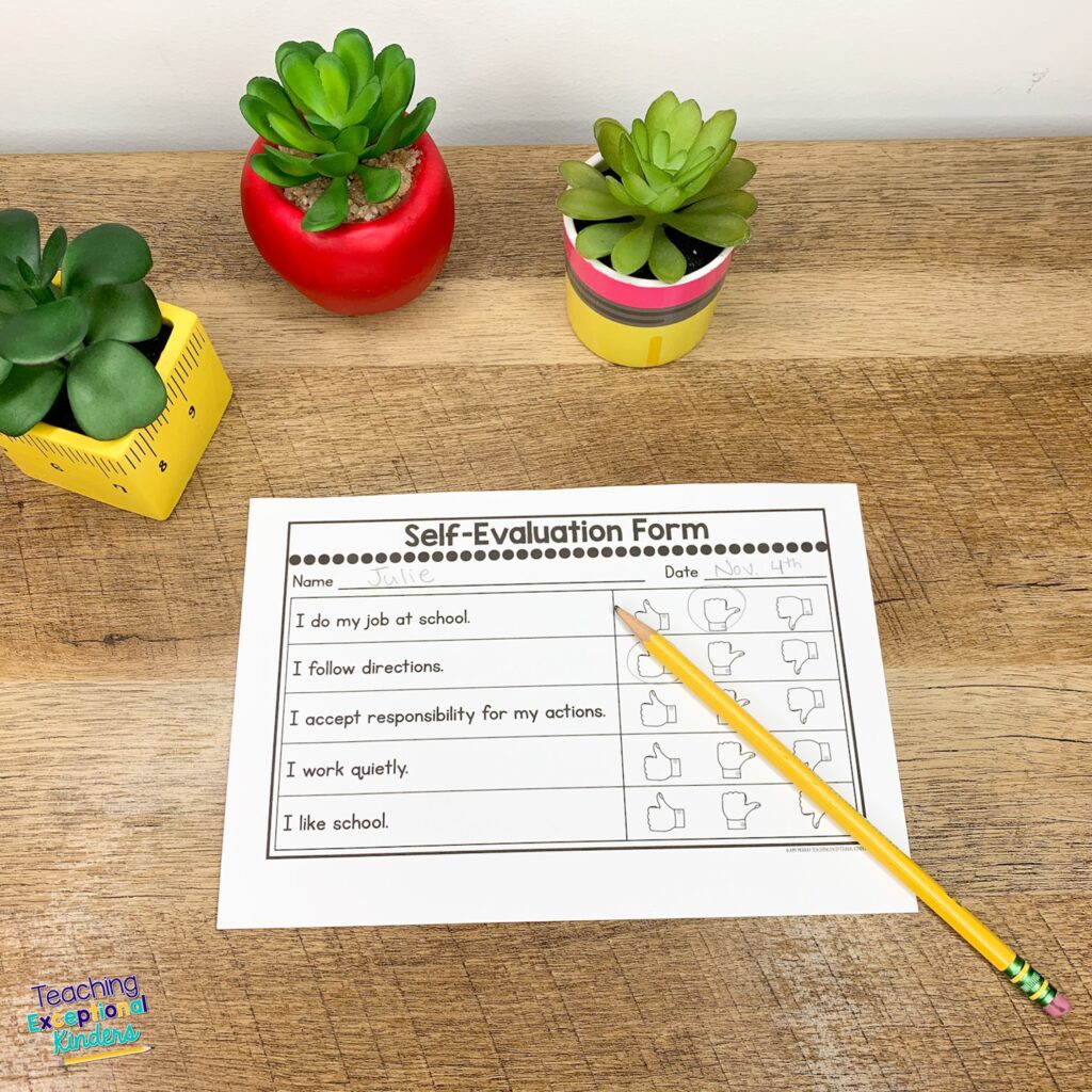 A self-evaluation form sits on a table