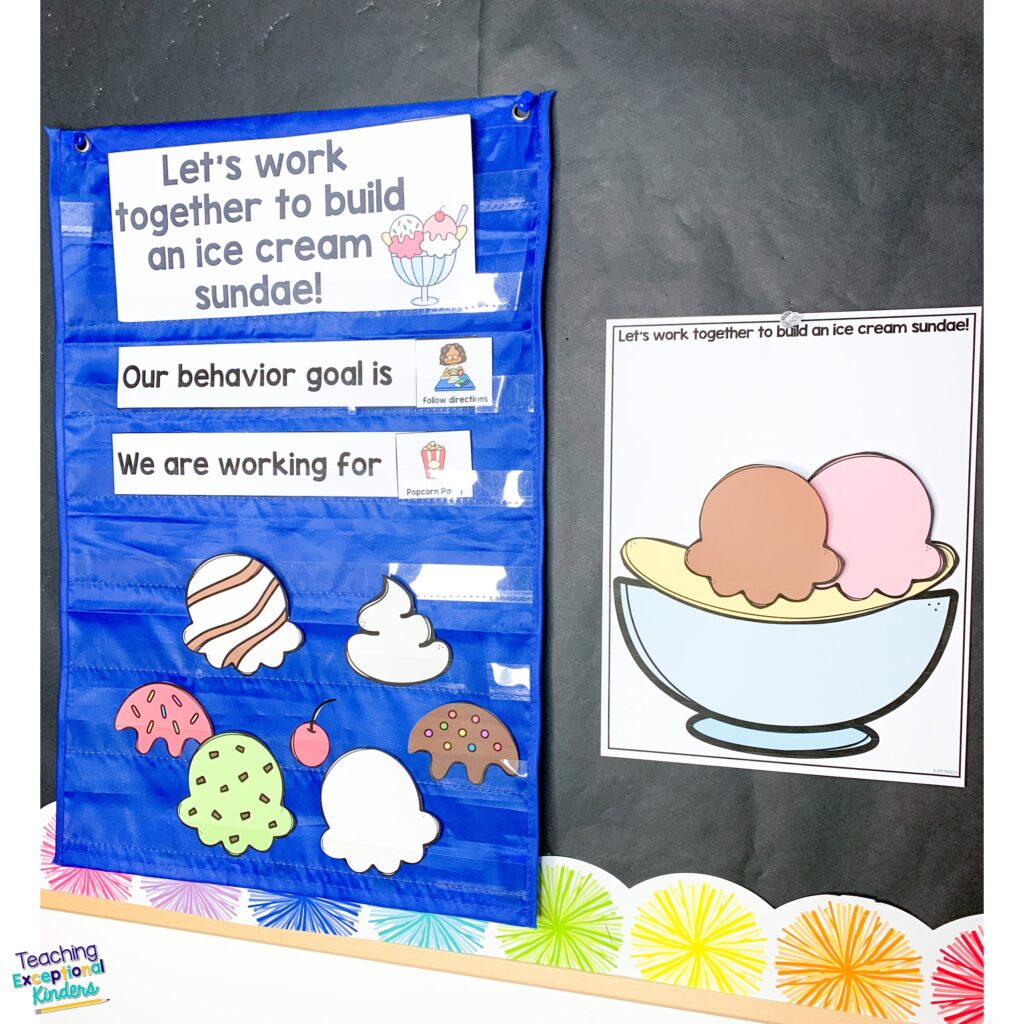 build-a-reward behavior system ice cream version in a pocket chart bulletin board