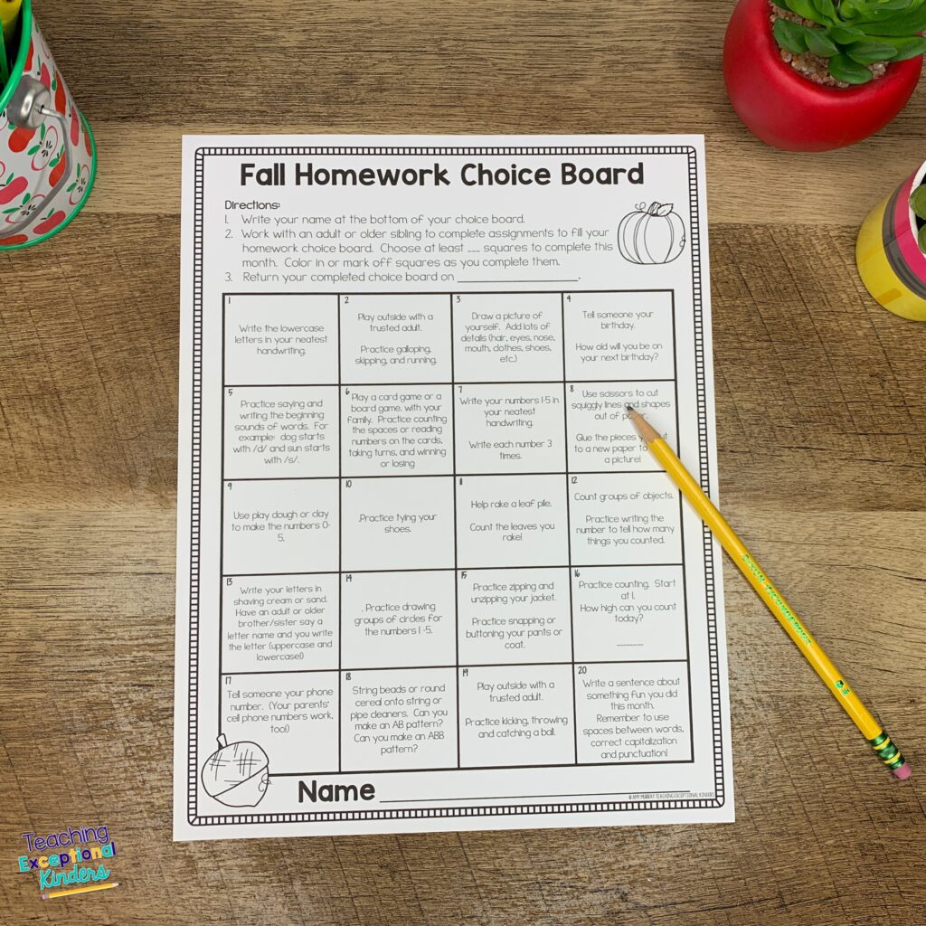 Fall homework choice board