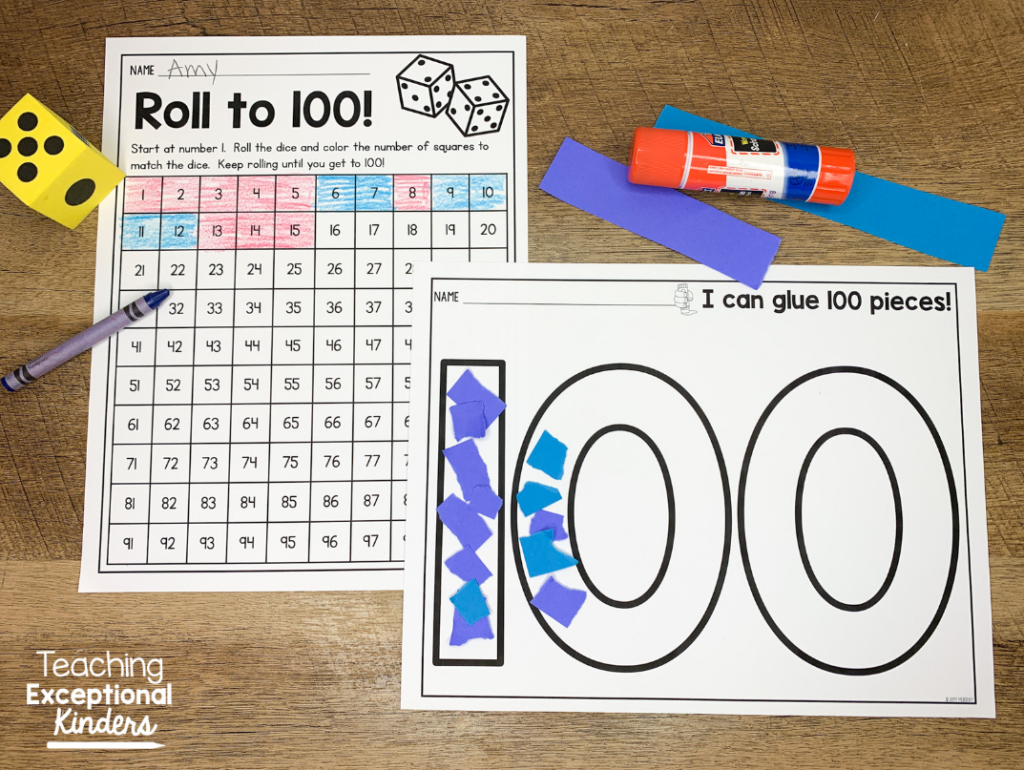 Roll to 100 game and a paper gluing activity