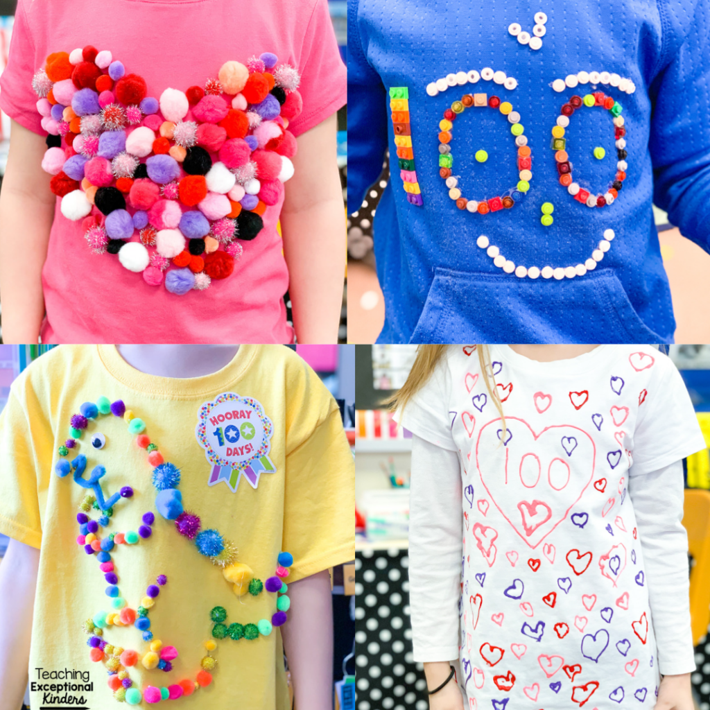 Four t-shirts decorated for thee 100th day of school