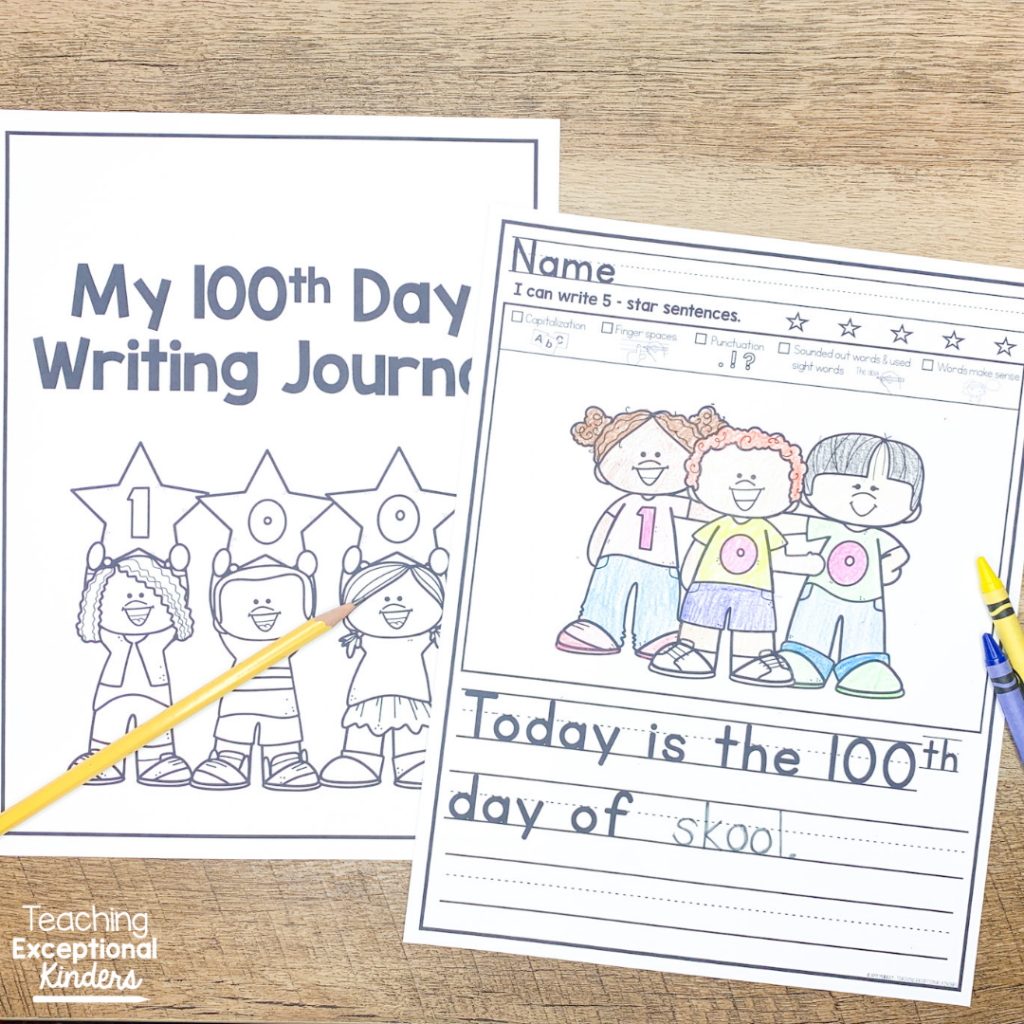 100th Day of School journal cover and picture writing prompt