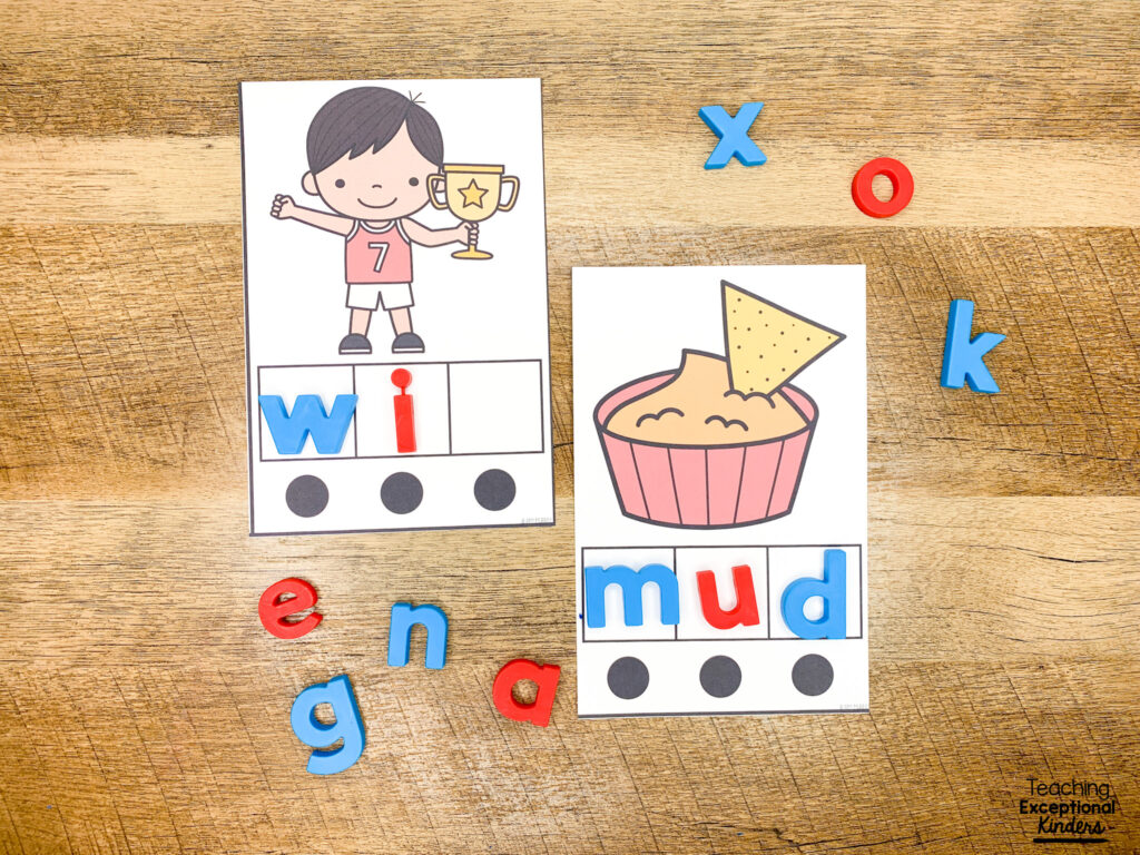 CVC word building activity with letter tiles