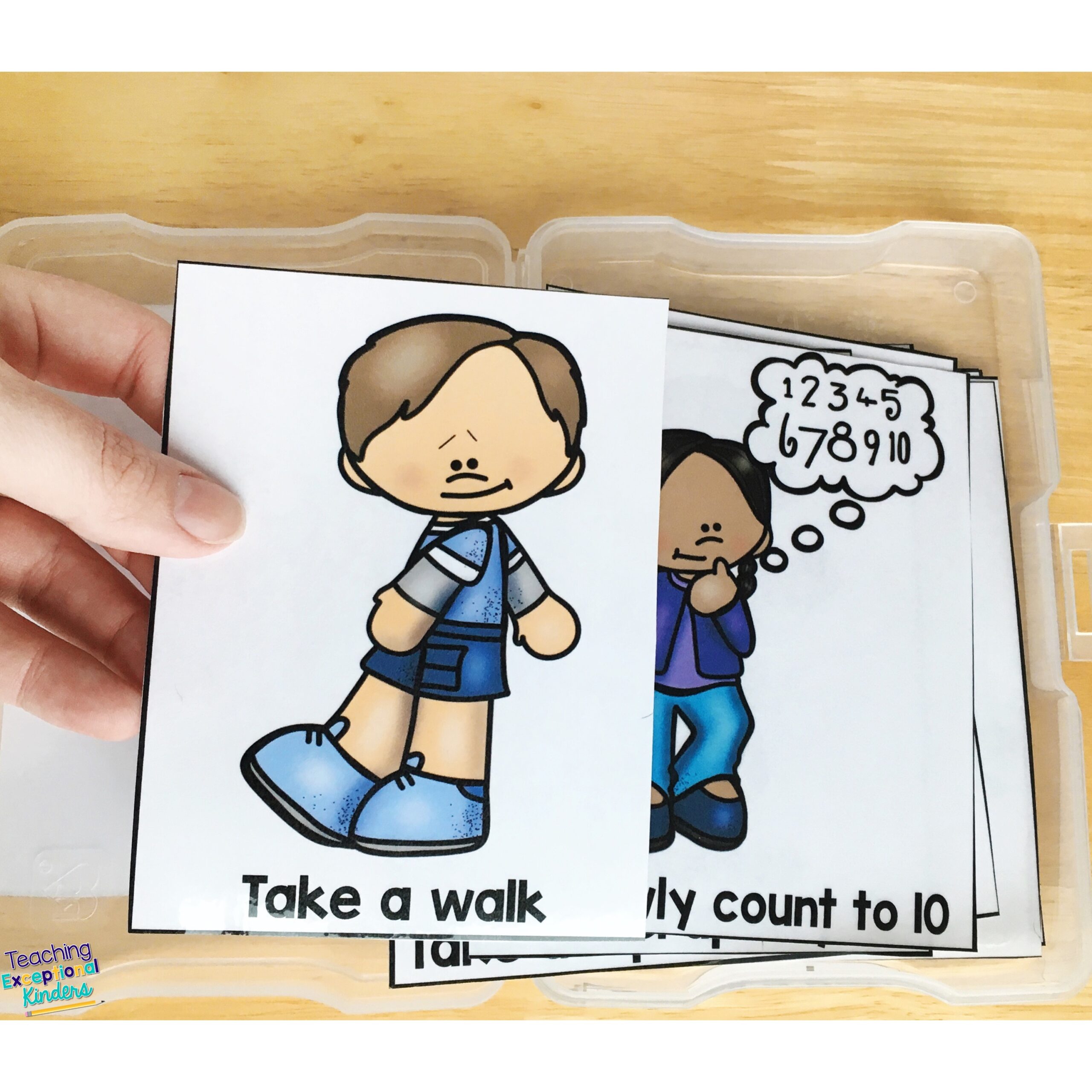 Calming strategy cards in a task card box
