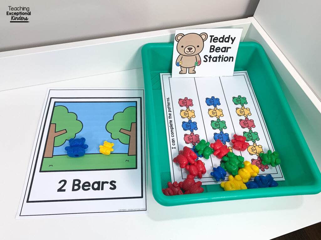 A bin with counting bears and task cards