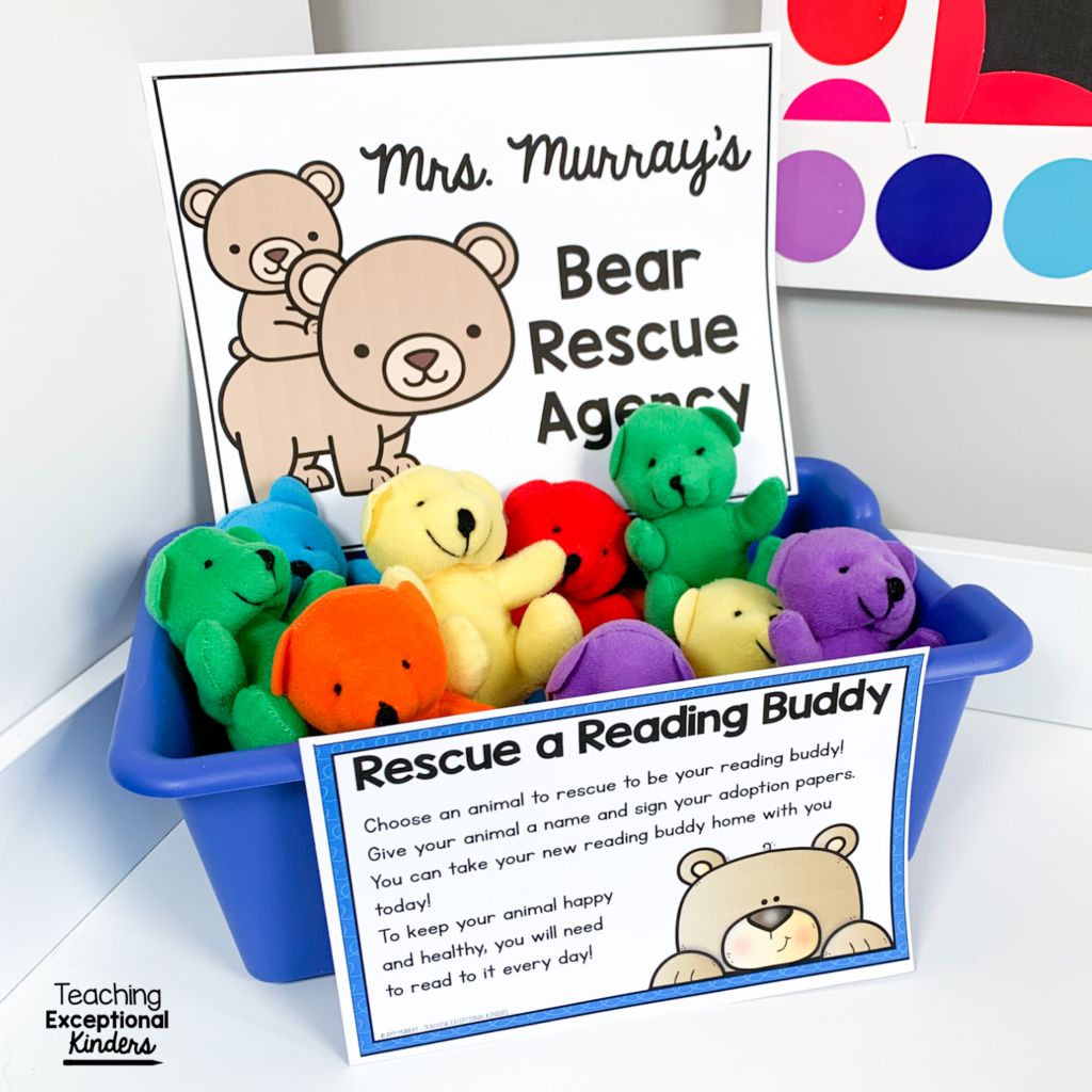 A blue storage bin filled with colorful plush bears