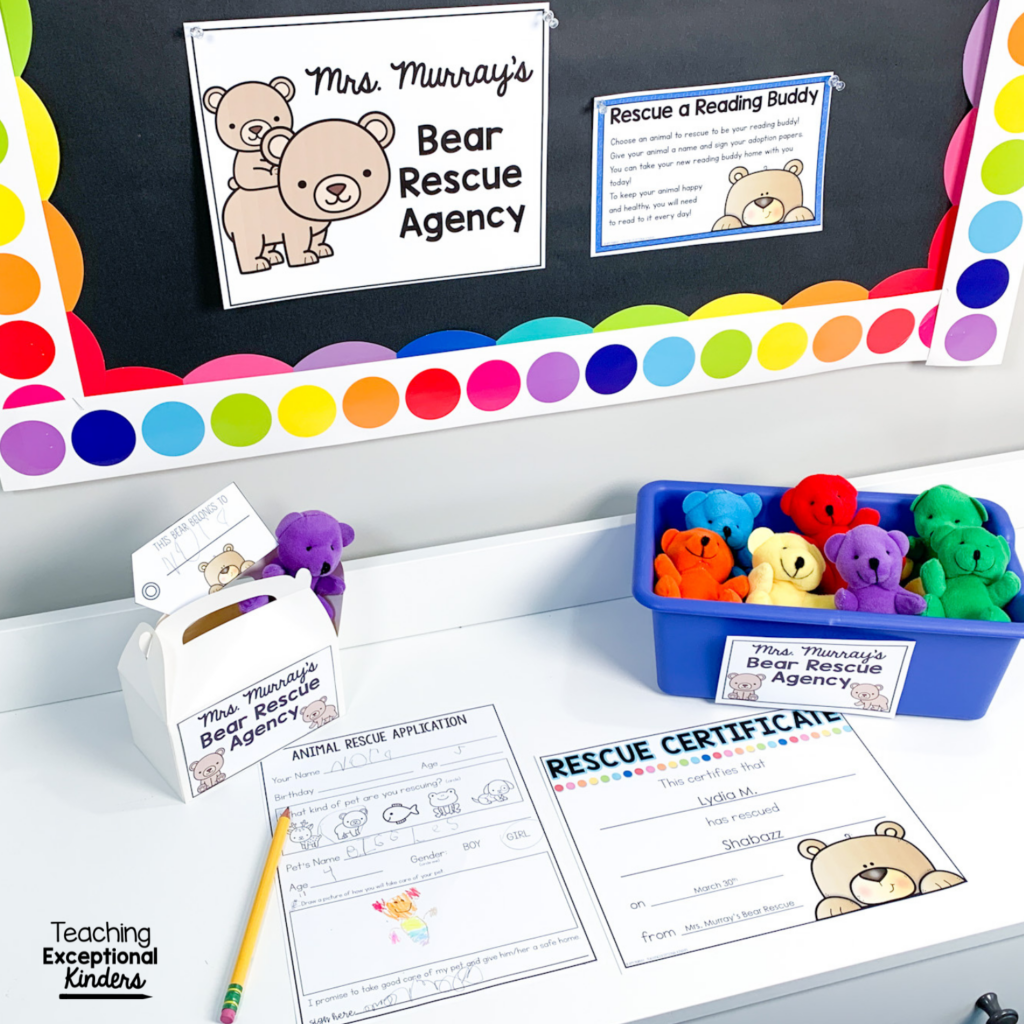 A bear reading buddy rescue bulletin board and supplies