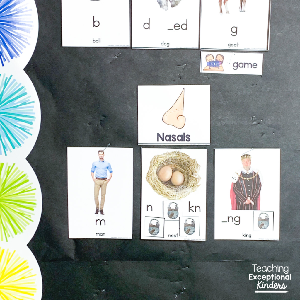 Phonemes picture cards with a "nasals" label