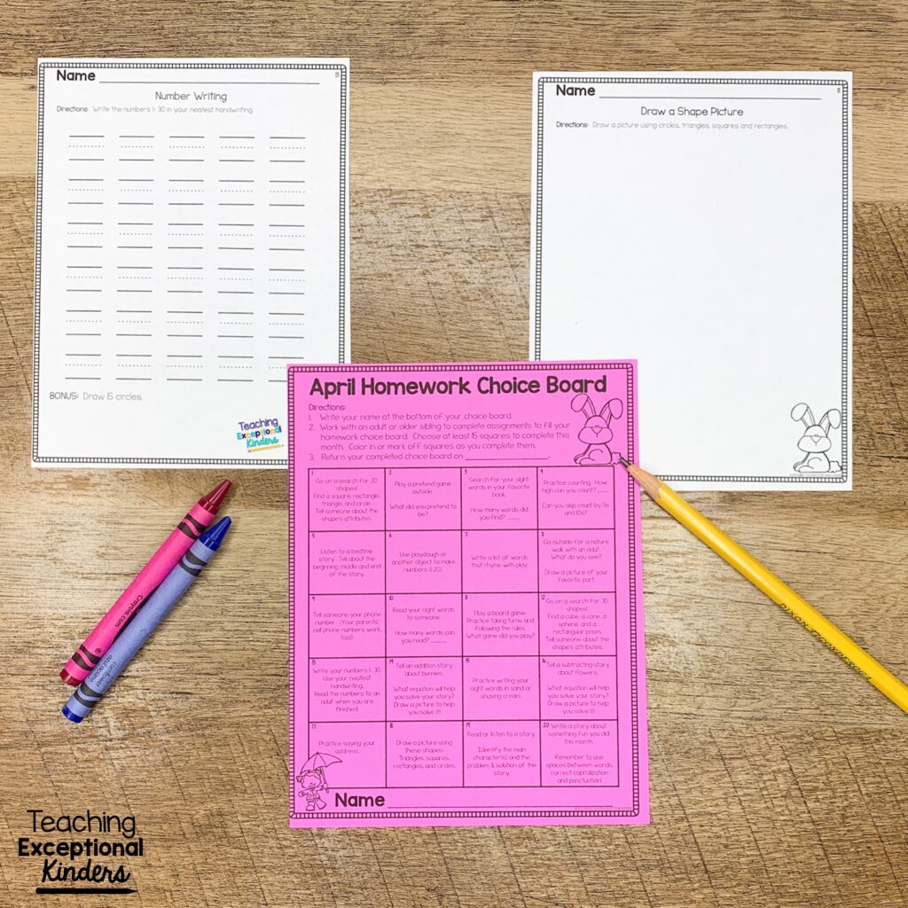 April homework choice board with two recording sheets