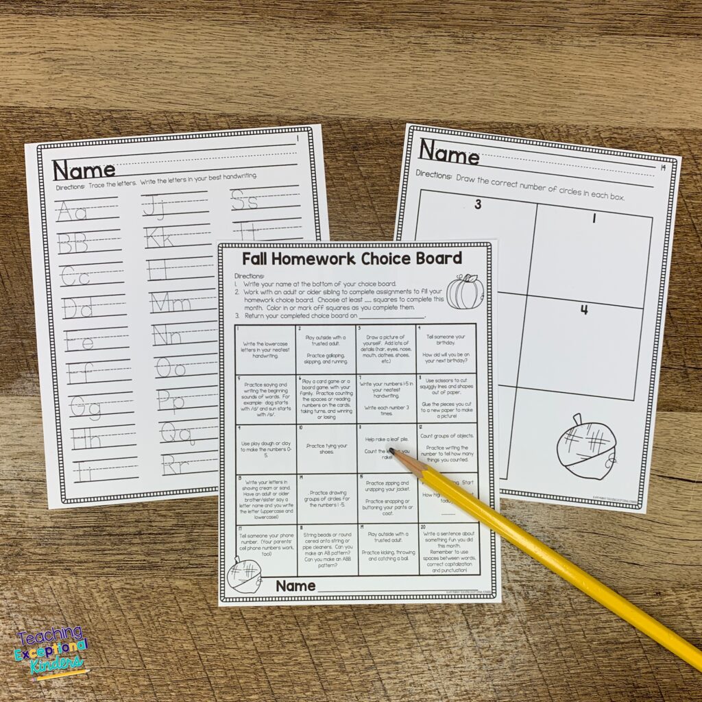 A choice board for kindergarten homework with blank worksheets