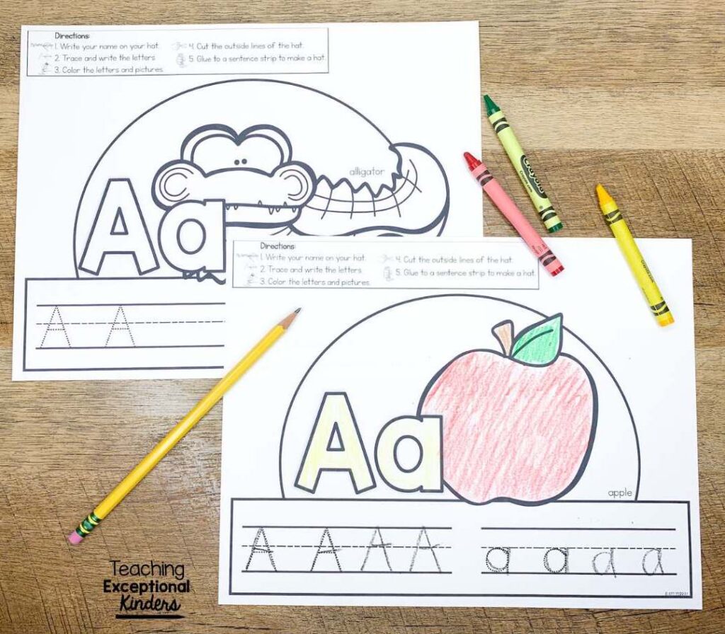 Two hat options for the letter A: alligator and apple
