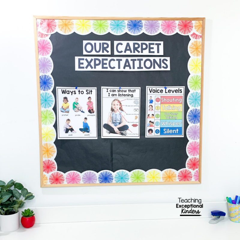 Our Carpet Expectations bulletin board with posters