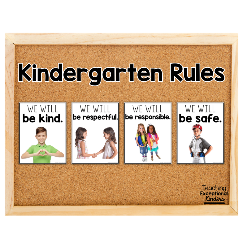 Kindergarten rules posters on a bulletin board