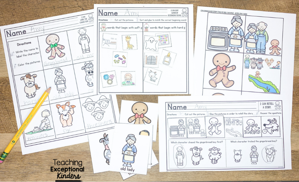A variety of printable gingerbread activities for kindergarten.