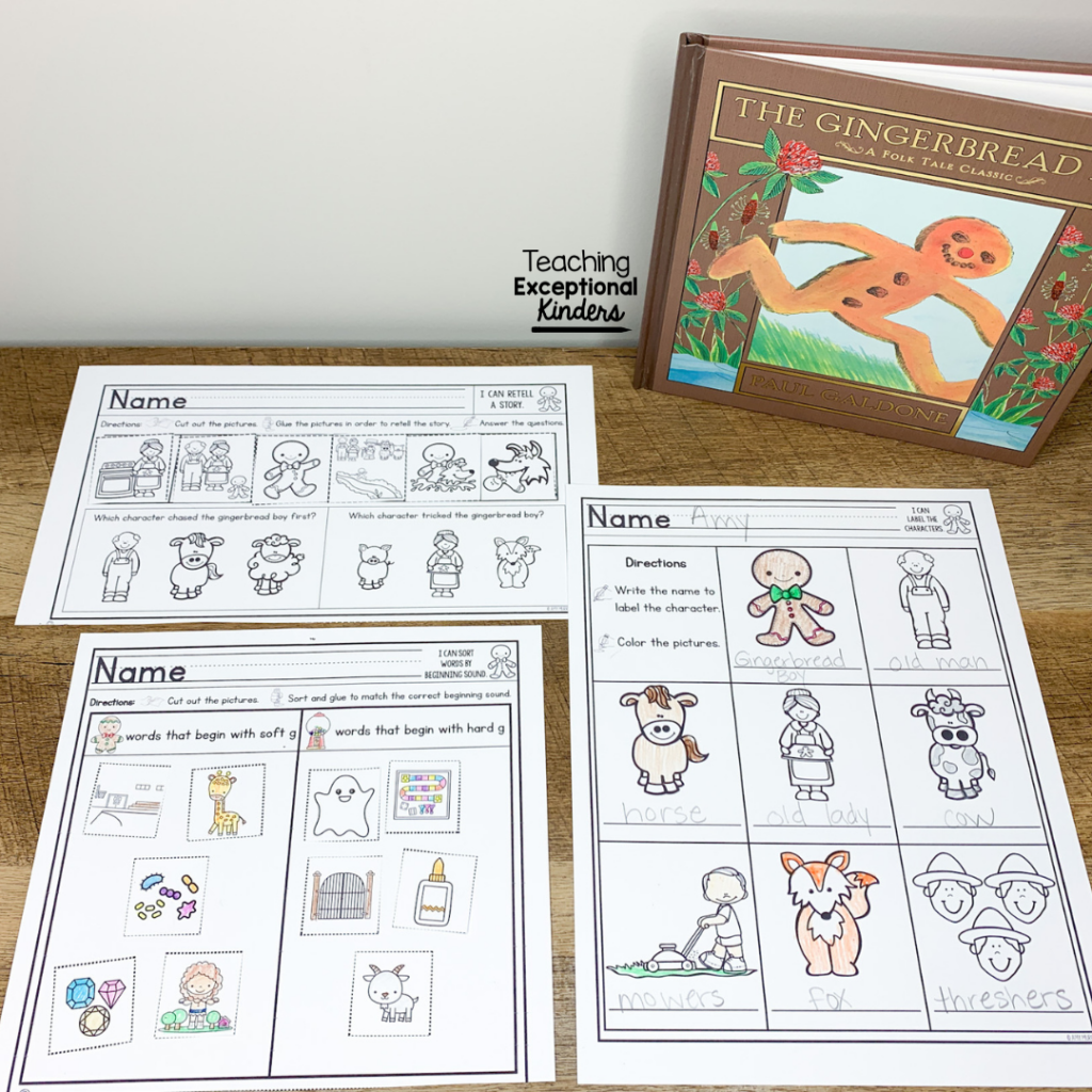 Three gingerbread themed worksheets sit in front of a book called "The Gingerbread Boy"