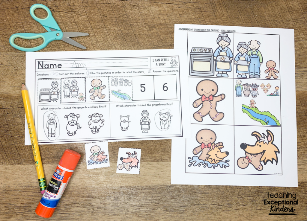 A story sequencing activity in progress sits next to colorful story retelling cards for The Gingerbread Man story