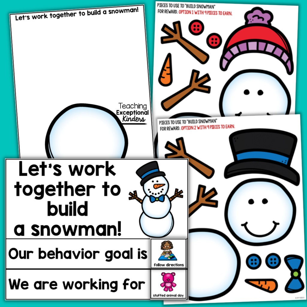 A variety of printable pieces for a build-a-snowman reward system